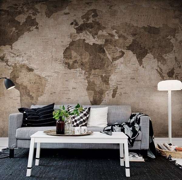 Карта мира на стену: фотообои в интерьере с фото